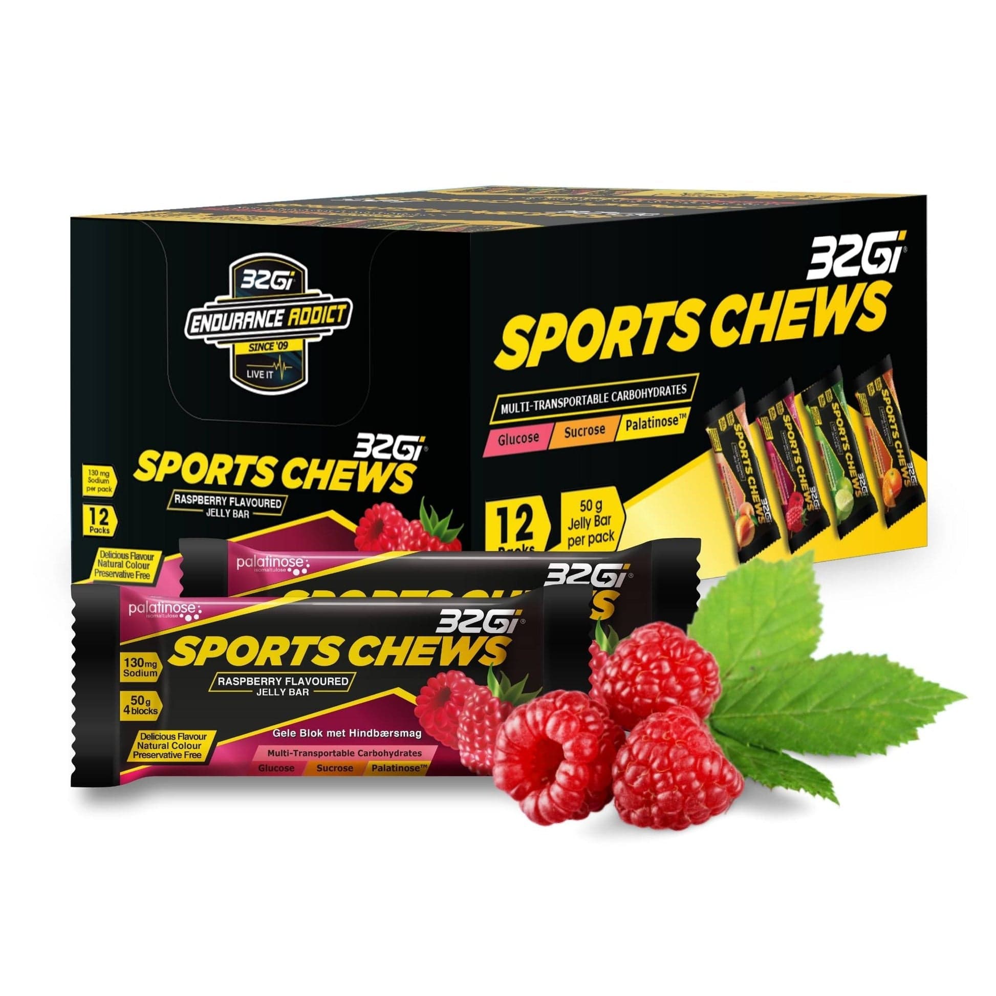 32Gi Chews Box of 12 / Raspberry Sports Chews XMiles