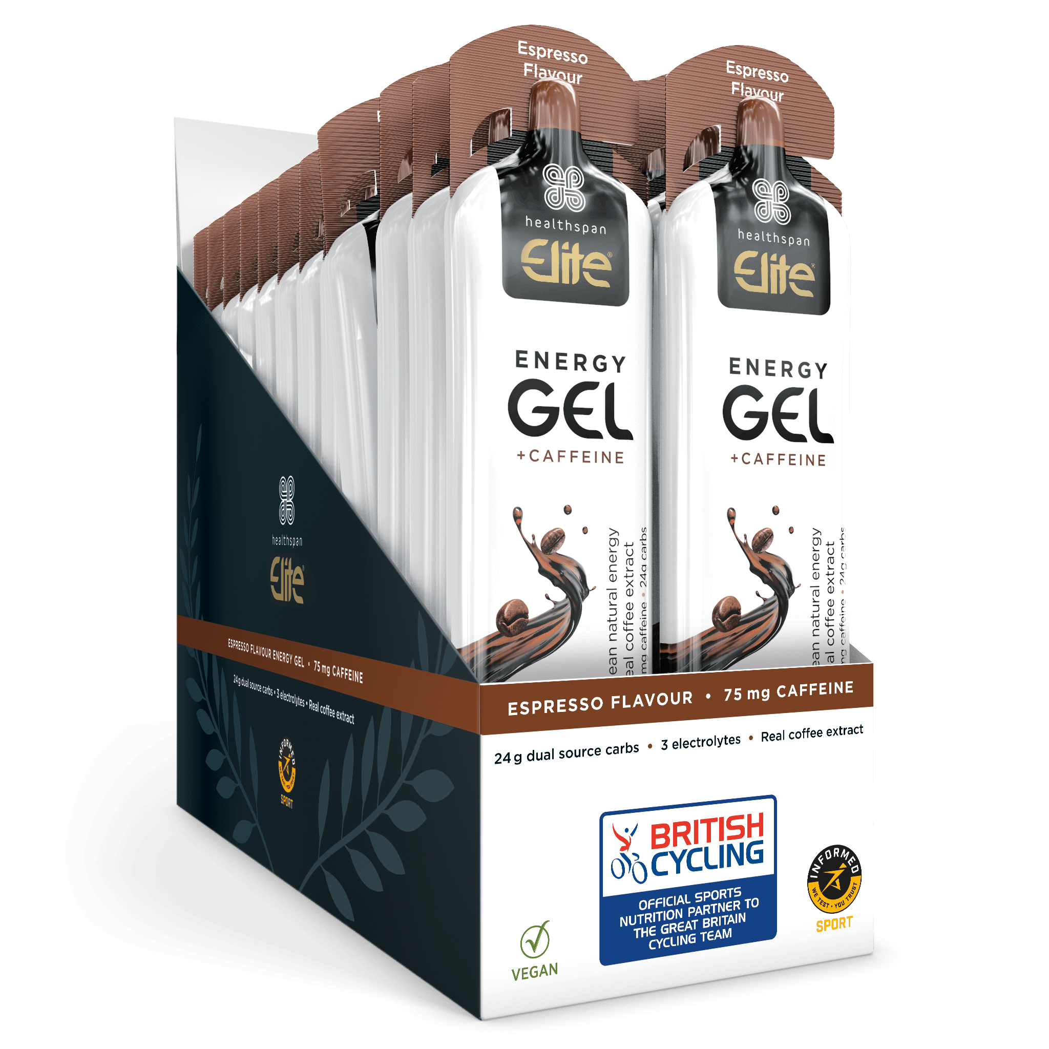 Healthspan Elite Gels Box of 24 / Espresso (75mg Caffeine) Elite Energy Gel XMiles