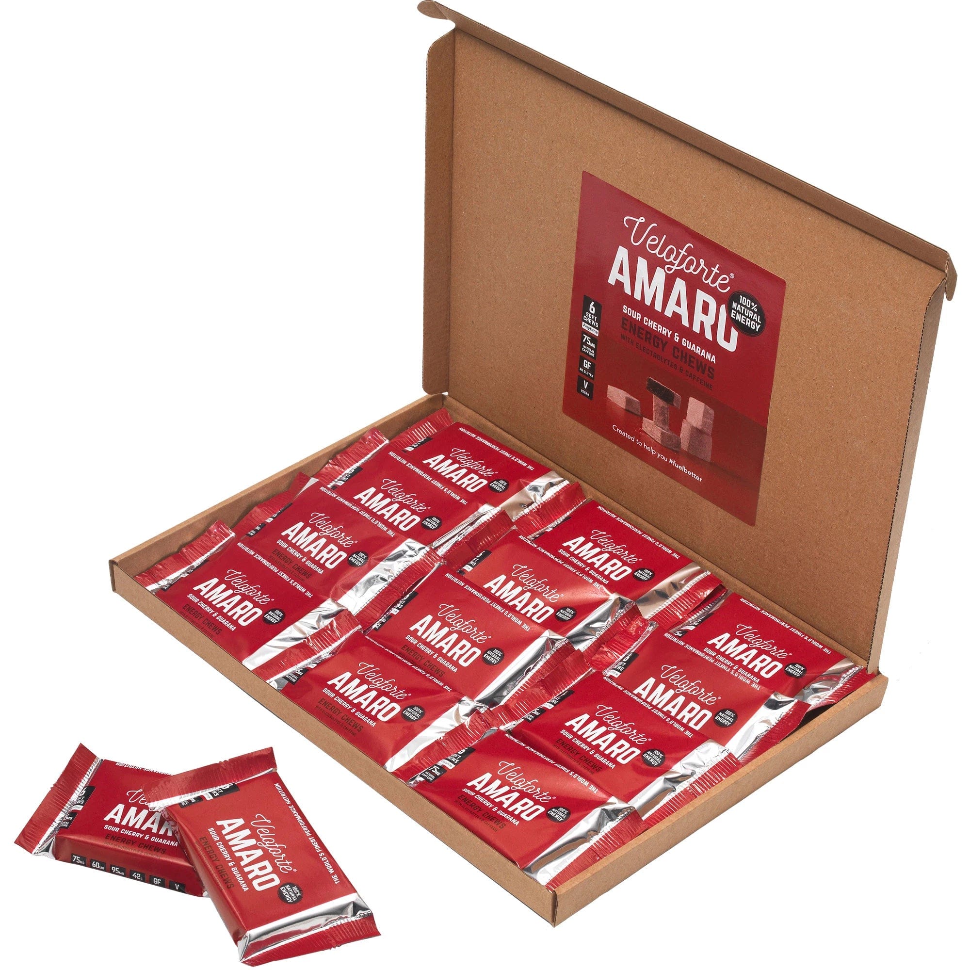 Veloforte Chews Box of 20 / Amaro - Sour Cherry & Guarana Cubos Energy Chews (50g) XMiles